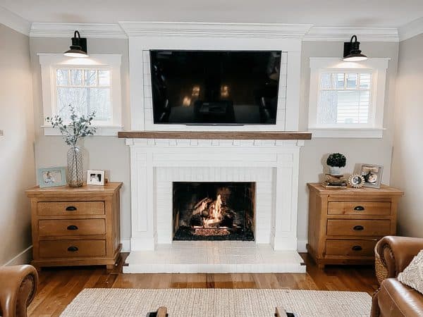 living room with center fireplace